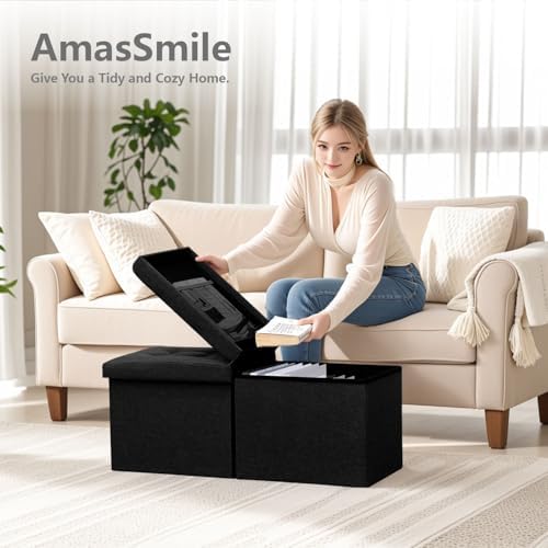 AmasSmile Storage Bench Folding Ottoman Foot Rest Stool, 34 inch Black Linen Footstool, Short Ottoman Bench, Foot Rest Store as Books, and Blanket Storage or Others