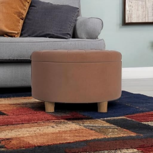 Homepop Home Decor | Button Tufted Velvet Round Storage Ottoman | Ottoman with Storage for Living Room & Bedroom, Spice Orange Velvet