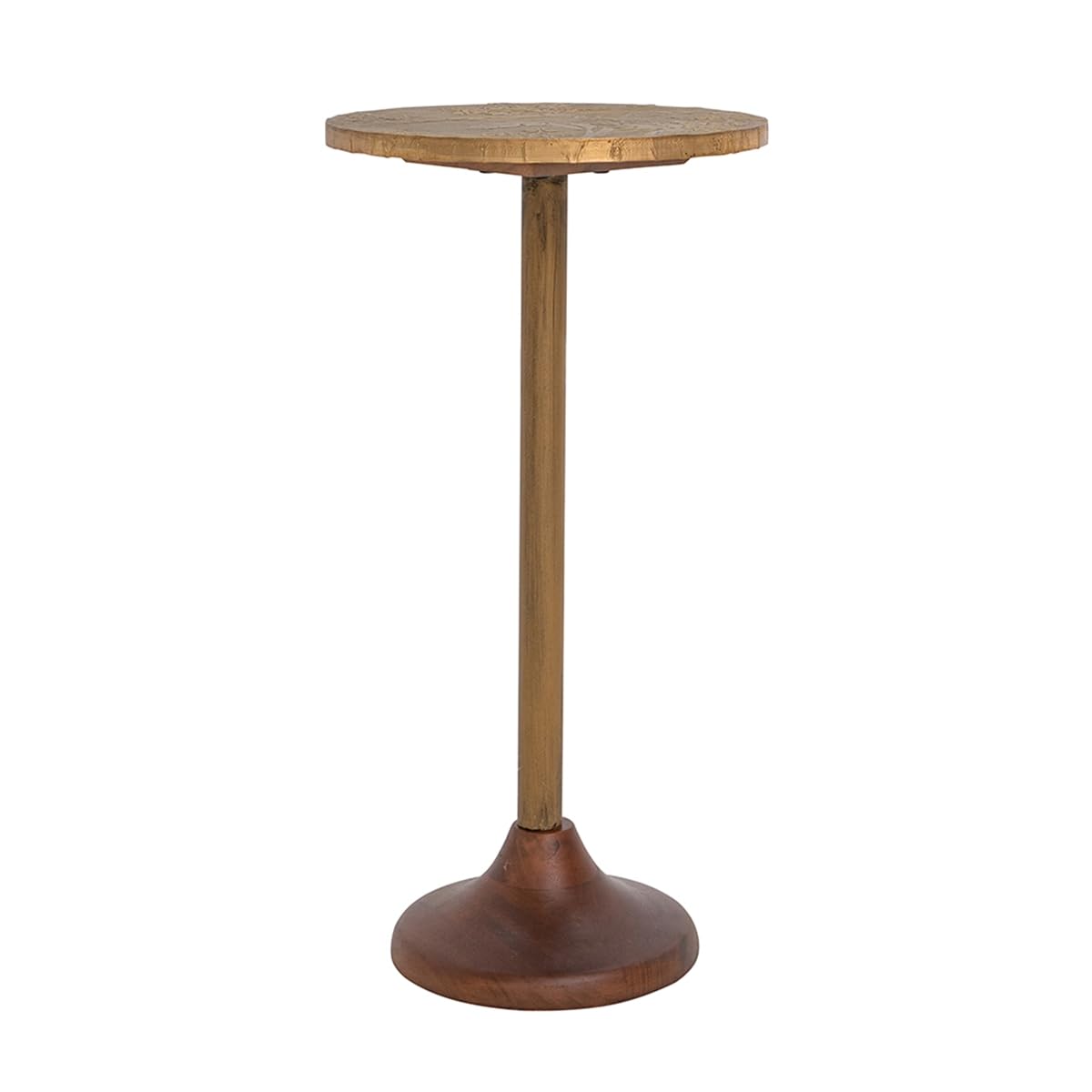 Penau Slender Brass Side Table, Textured Gold Metal Top with Wooden Pedestal Base, Round Accent End Table for Living Room, 11.8 x 11.8 x 24 Inchs, Gold and Brown