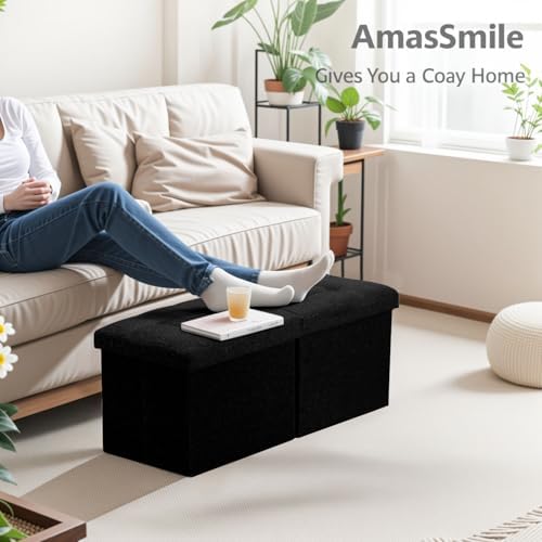 AmasSmile Storage Bench Folding Ottoman Foot Rest Stool, 34 inch Black Linen Footstool, Short Ottoman Bench, Foot Rest Store as Books, and Blanket Storage or Others