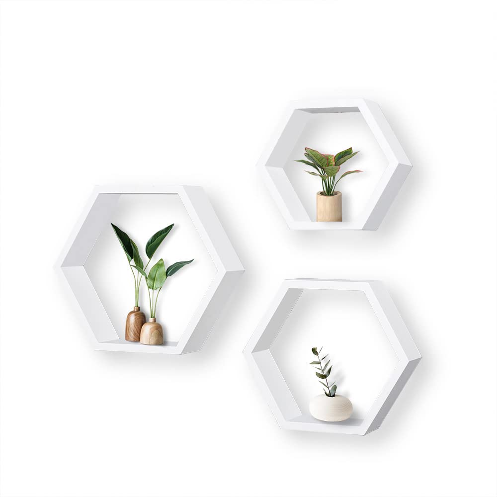 ROSE BLOOM Set of 3 White Wood Hexagon Shelves for Wall Decor - Farmhouse Honeycomb Shelves for Living Room Decor, Kitchen Storage, Mounted Storage - Durable, Stylish & Versatile