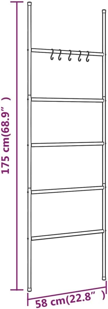Free Standing 5 Tier Towel Rack Ladder, 22.8x68.9 Inch Iron Towel Holder with 5 Hooks, Space Saving Storage for Bathroom, Living Room, Bedroom, Hallway