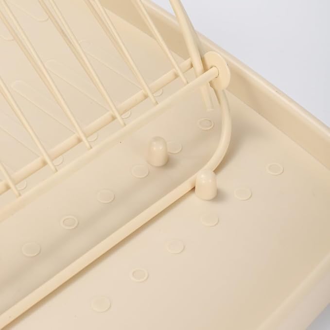 Folding Dish Drying Rack with Drip Tray Collapsible Dish Rack for Kitchen Counter 2 Tier Foldable Dish Drainers for Large Capacity Wire Expandable, Cream