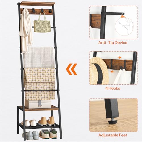 HOOBRO Blanket Ladder,Towel Rack with Hooks, Decorative Display Ladder Shelf, for Scarves, Industrial, Living Room, Bedroom, Rustic Brown and Black, BF52CJ01-BF13CJ01