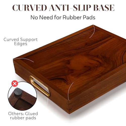 Jack & Juliet Teak Wood Ottoman Tray – Large Wooden Multifunctional Tray with Real Brass Handles - Non Slip Base in Food-Safe Finish - Gift-Ready Packaging for Coffee Table and Home Decor (Walnut)