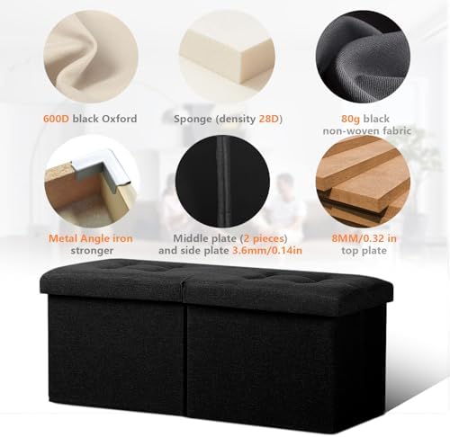 AmasSmile Storage Bench Folding Ottoman Foot Rest Stool, 34 inch Black Linen Footstool, Short Ottoman Bench, Foot Rest Store as Books, and Blanket Storage or Others