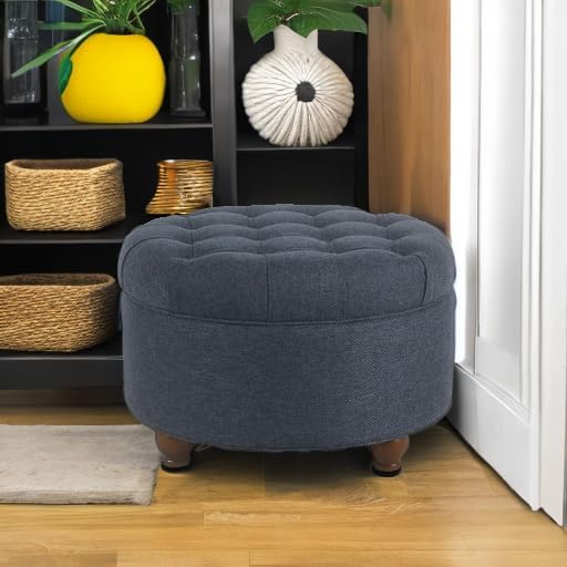 Homepop Home Decor | Large Button Tufted Woven Round Storage Ottoman for Living Room & Bedroom (Navy Woven) 25 inch D x 25 inch W x 15 inch H