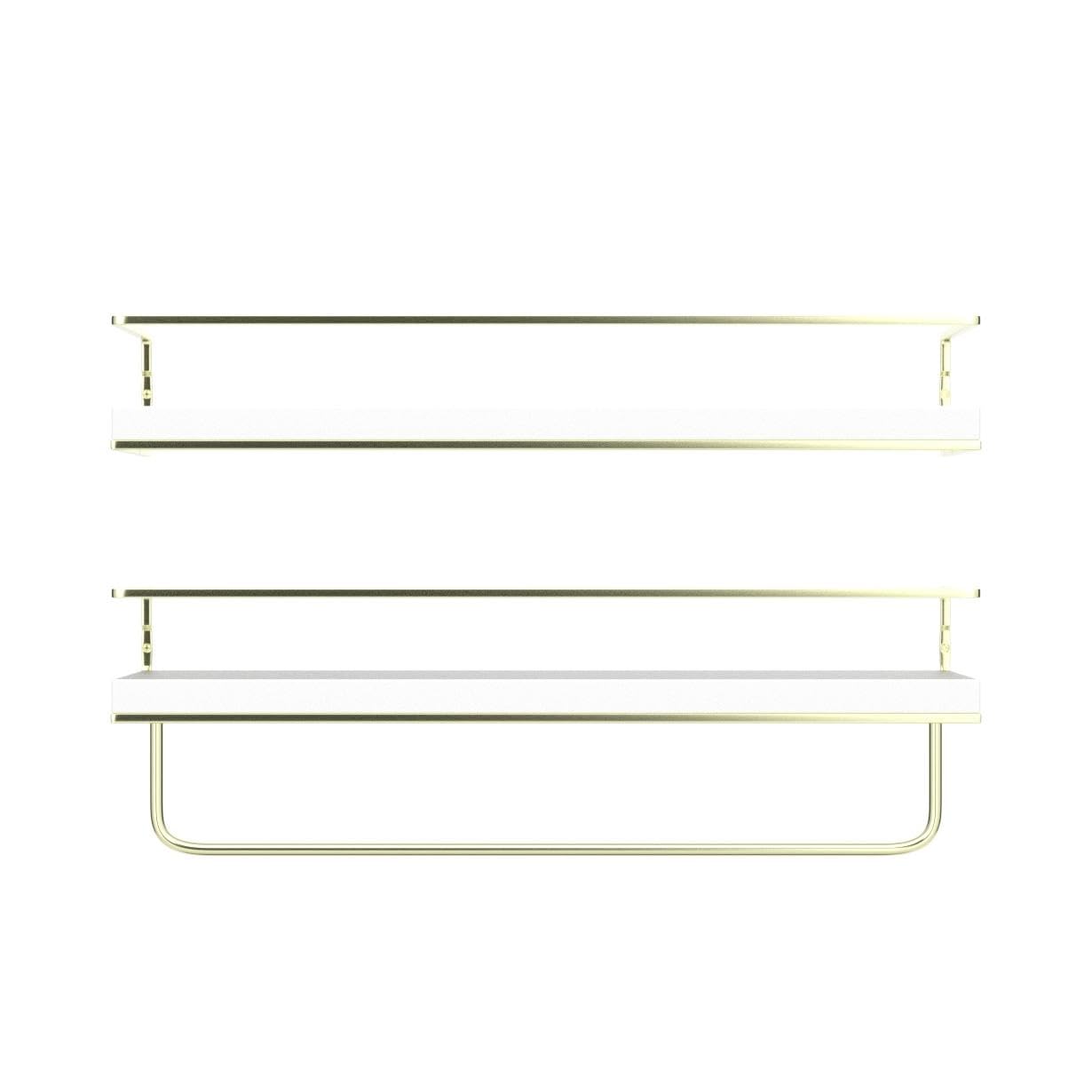 Shario White Floating Shelves - Set of 2, Wall Mounted Hanging Shelves with Golden Towel Rack, Decorative Storage Shelves for Bathroom, Kitchen, Living Room & Bedroom (White Gold, 15.7 Inches)