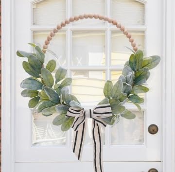 Wood Bead Lambs Ear Wreath - 13 Inch Artificial Greenery Leaf Wreaths Boho Wall Hanging Decoration for Spring Summer Modern Natural Home Farmhouse Porch Indoor Outdoor Wedding Decor