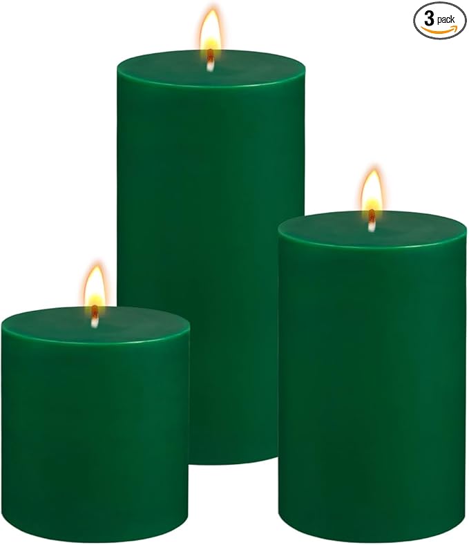 Green Unscented Pillar Candles 3-Pack ??Dripless & Smokeless, Long-Burning Thick Candles (2",3",4" Heights) for Weddings, Home Decor & Serene Ambiance