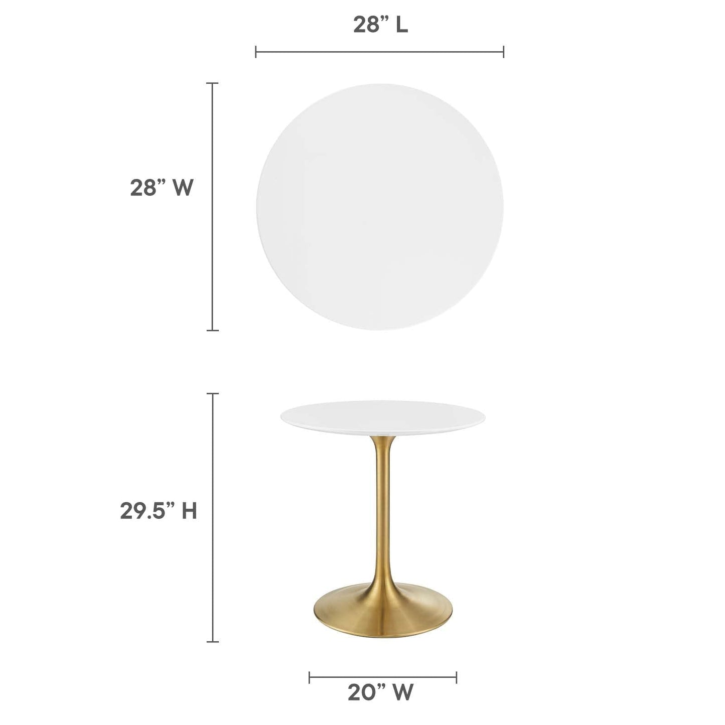 Modway Lippa 28" Mid-Century Modern Dining Table with Round Top in Gold White
