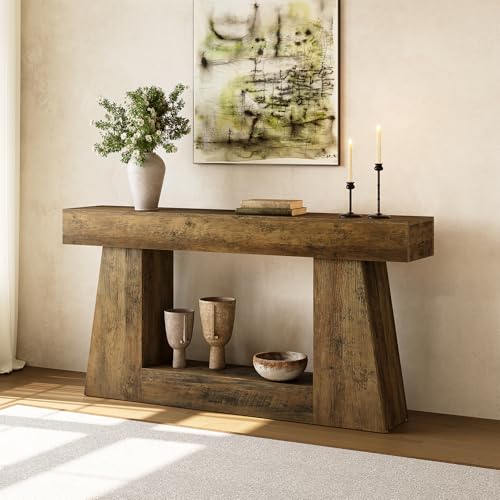 LITTLE TREE 63" Farmhouse Console Table with Storage, Rustic Sofa Table for Entryway, Narrow Long Sofa Table Behind Couch, Console Table for Living Room, Hallway—Versatile Storage Solution, Oak