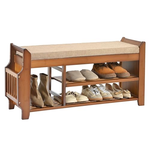 PETKABOO Shoe Bench with Hidden Drawer and Side Holder, 2 Tier Entryway Bench with Storage 39.4 in, Bamboo Shoe Rack with Cushion for Entryway Hallway Living Room Bedroom