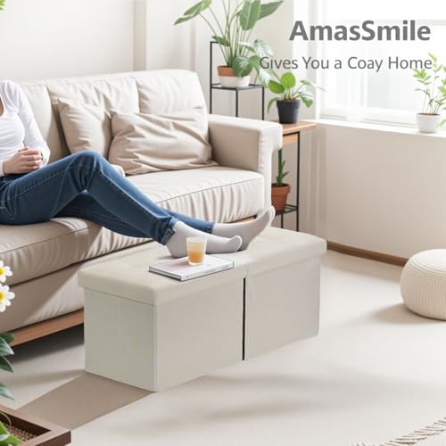 AmasSmile Storage Bench Folding Ottoman Foot Rest Stool, 34 inch Beige Linen Footstool Bench, Short Ottoman, Foot Rest Store as Books, and Blanket Storage or Others.