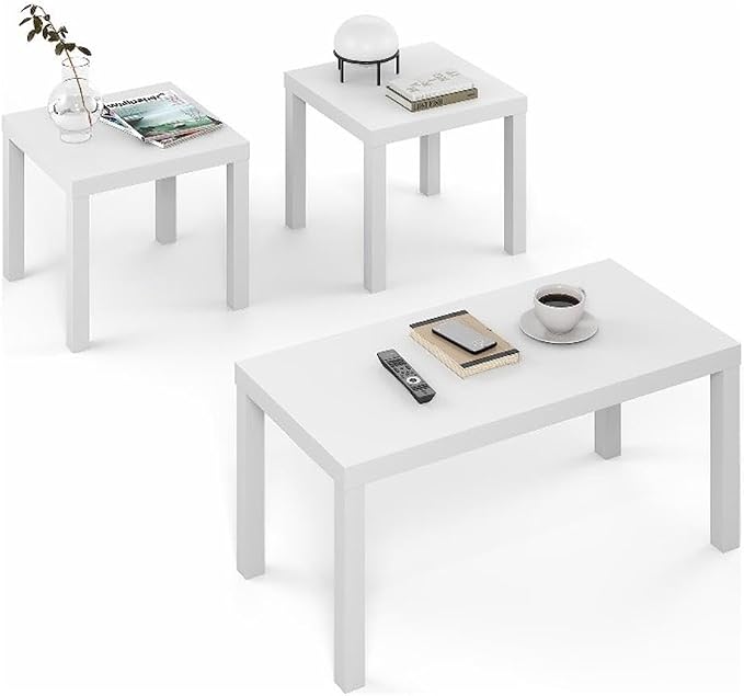 Furinno Classic Living Room Table Set of 3, Modern Rectangle Coffee Table with 2 Square Side Tables, End Tables, 1.8 Inch Thick Tabletop for Living Room, Home Office, White