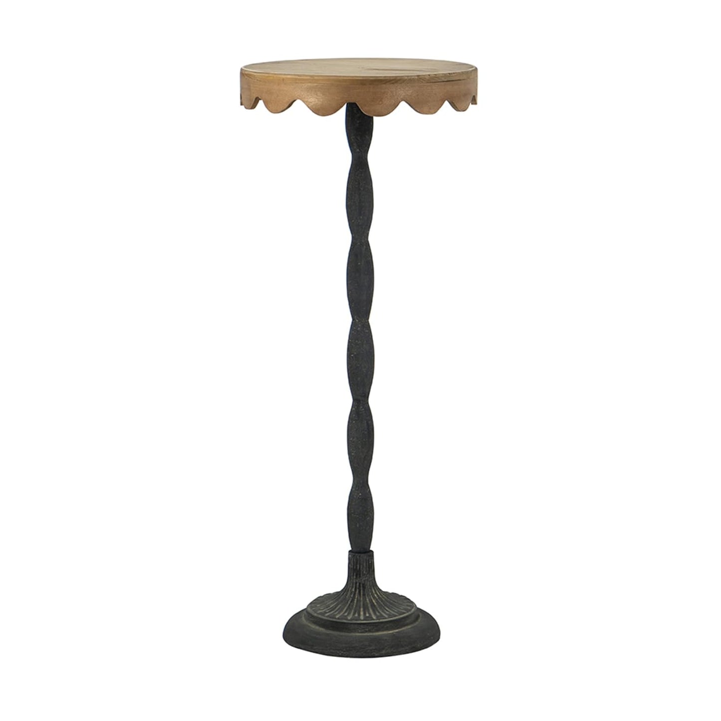 Jenvor Round Side Table with Scalloped Brown Wooden Top, Black Iron Pedestal Base, Iron Fir Wood MDF, 11.9 x 11.9 x 29.5 in, End Table, Display Pedestal, Plant Stand in Living Room
