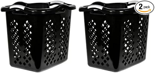 ReMoiz 2 Pack Ultra Easy Carry Plastic Laundry Hamper, 2 Bushel Lamper Plastic Laundry Basket with Silver Handles,Dirty Clothes Laundry Hamper Bin for Home, Apartment, or Dorm Room, Black