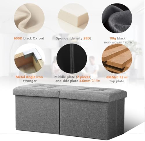 AmasSmile Storage Bench Folding Ottoman Foot Rest Stool, 34 inch Grey Linen Footstool, Short Ottoman Bench, Foot Rest Store as Books, and Blanket Storage or Others