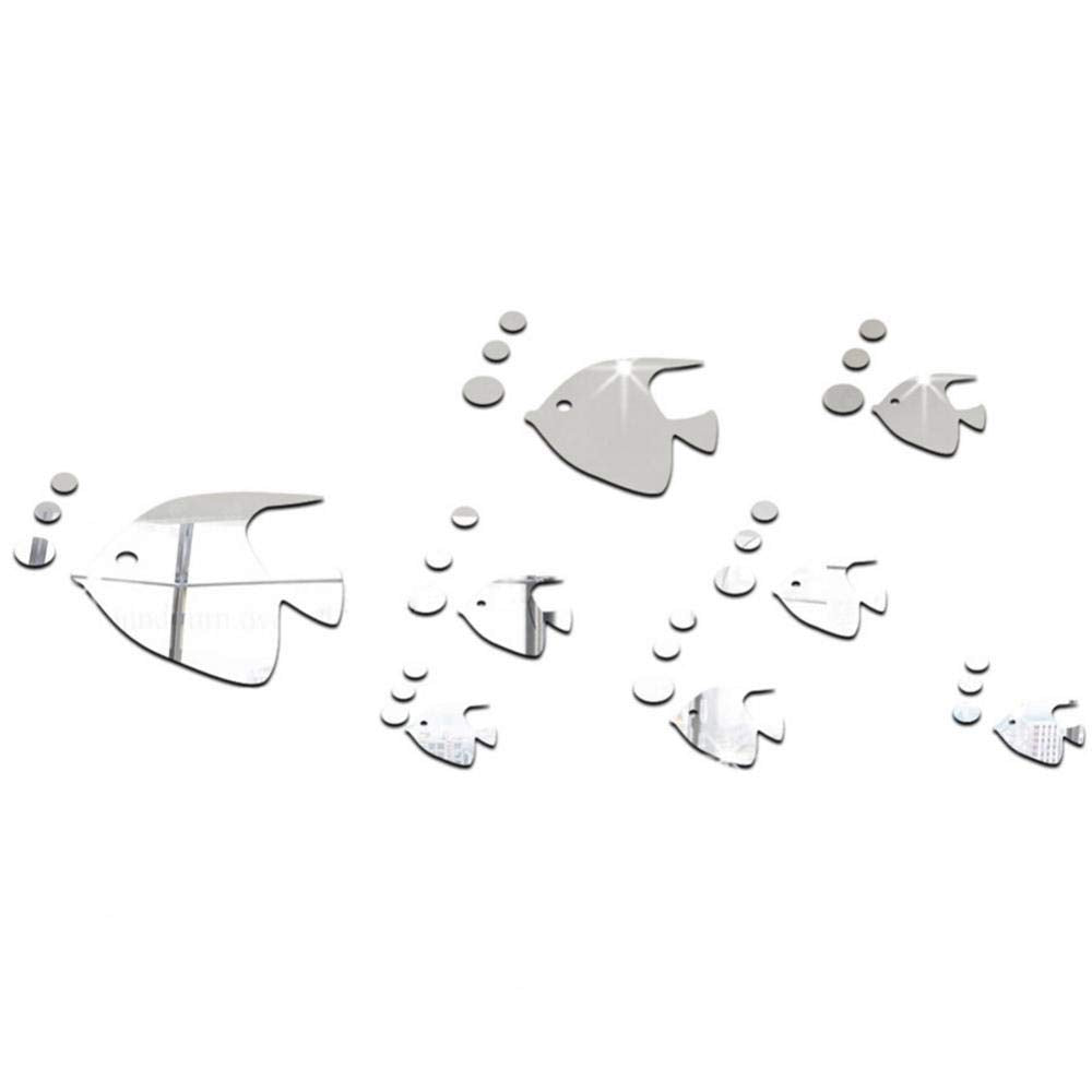 Fdit Creative Acrylic Thin Mirror Stickers Tropical Fish Under The Sea 3D Wall Decals Home Décor for Kids Bedroom Living(Silver D)
