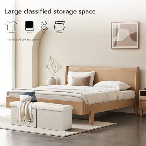 AmasSmile Storage Bench Folding Ottoman Foot Rest Stool, 34 inch Beige Linen Footstool Bench, Short Ottoman, Foot Rest Store as Books, and Blanket Storage or Others.