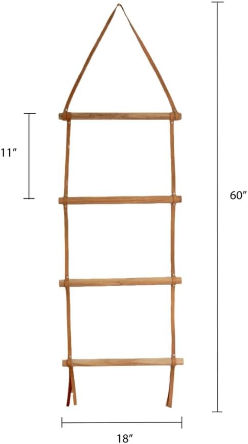 Decorative Wooden Wall Hanging Ladder with Leather Straps – Rustic Towel and Blanket Rack for Bathroom, Living Room, or Entryway Display