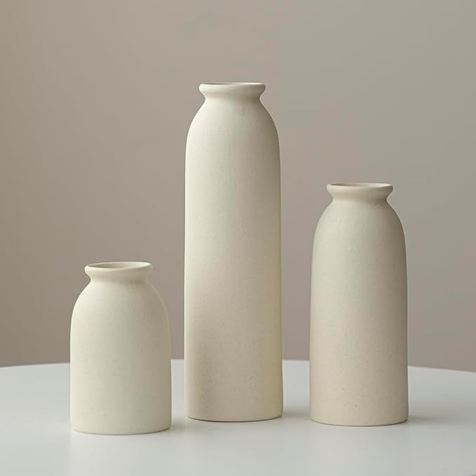 10.4 inches Tall Decorative Ceramic Vase Set, 3 Pieces, Nordic Modern Boho Style, White, for Home Decor (Beige)