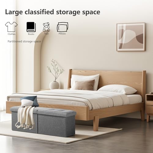 AmasSmile Storage Bench Folding Ottoman Foot Rest Stool, 34 inch Grey Linen Footstool, Short Ottoman Bench, Foot Rest Store as Books, and Blanket Storage or Others