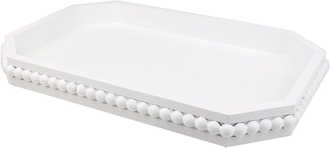 Hrastany White Wood Serving Tray with Beads, Farmhouse Decorative Tray for Table Centerpiece, Christmas Wedding Halloween Home Decor