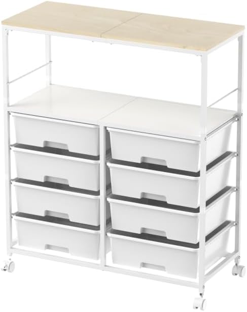 Rolling cart with 8 drawers,Storage drawer cart with wooden tabletop,Lockable wheels organizer for homeschool, arts & crafts, classroom, office & creative spaces (White)