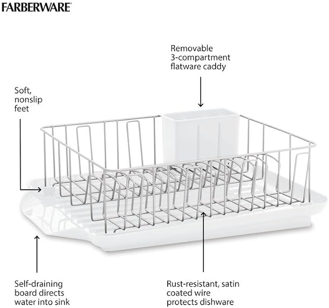 Farberware Classic Large Rust Resistant Full Dishrack with Removable 3 Compartment Flatware Caddy, Andlged Drain Board, 3-Piece, White