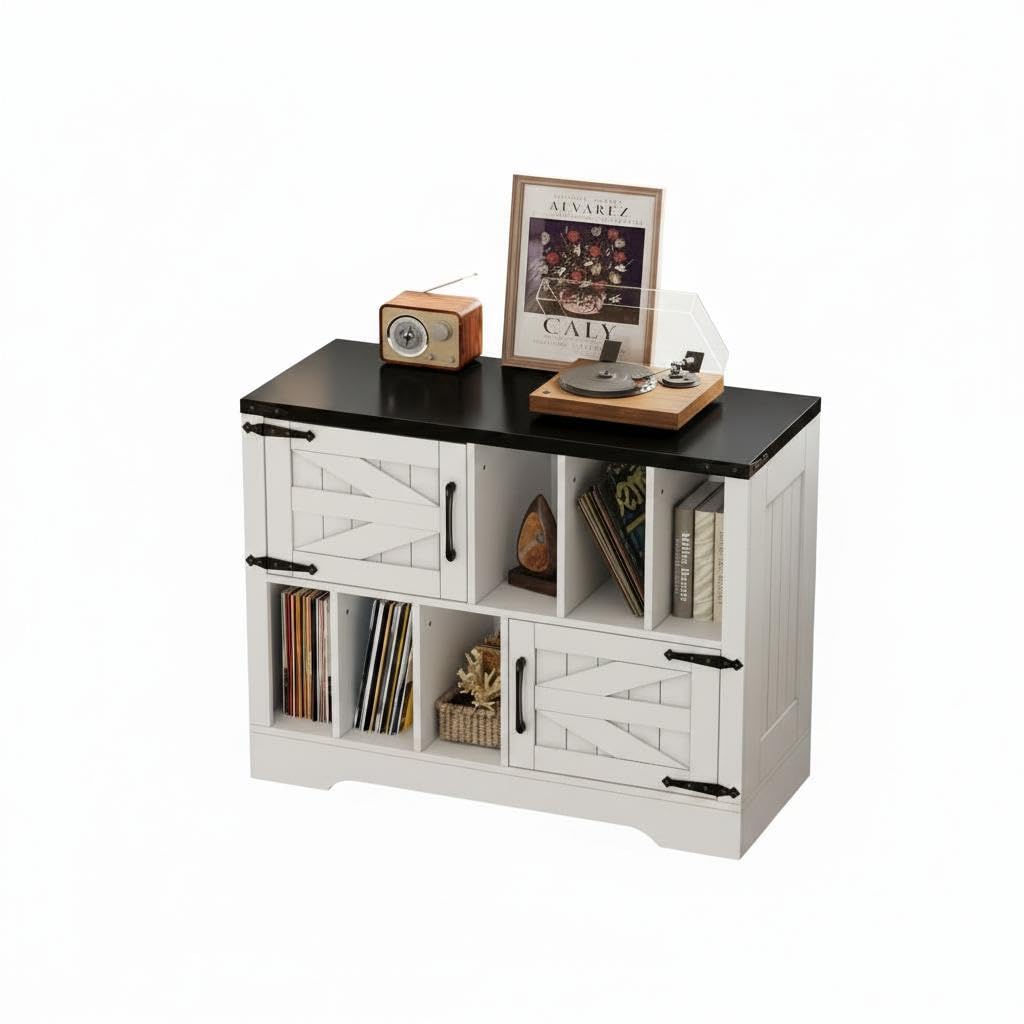 Vinyl Record Storage Cabinet, 39" Large Turntable Stand with Barn Doors, White Mid Century Modern Record Player Table with Display Shelf Rack for Albums Books Media Stereo Audio Home Living Room