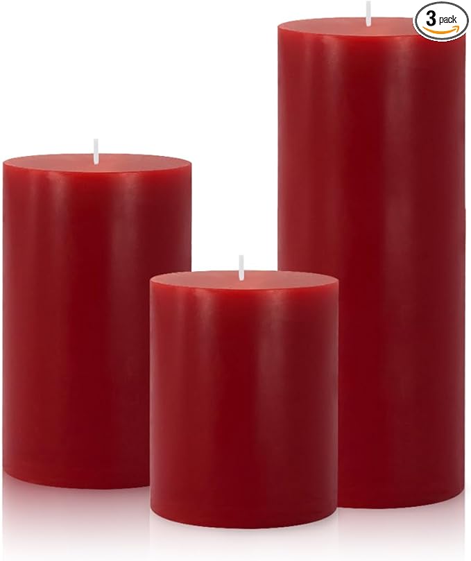 Set of 3 Different Size Red Burgundy Pillar Candles, Unscented Dripless 2.75x3, 2.75x4, 2.75x6 Inch Colored Long Lasting Burning Cylinder Wax Candles for Home Power Outage Dinner Table Decoration