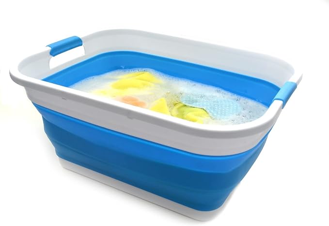 SAMMART 41L (10.8 gallon) Collapsible Plastic Laundry Basket - Foldable Pop Up Storage Container/Organizer - Portable Washing Tub - Space Saving Hamper/Basket (Rectangular, Sky Blue)