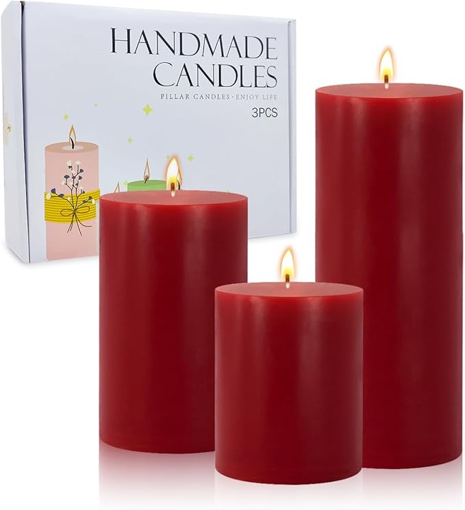 Set of 3 Different Size Red Burgundy Pillar Candles, Unscented Dripless 2.75x3, 2.75x4, 2.75x6 Inch Colored Long Lasting Burning Cylinder Wax Candles for Home Power Outage Dinner Table Decoration