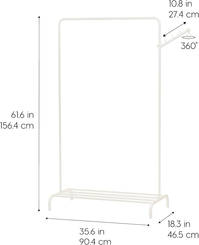 IRIS USA Clothes Rack with 2 Wood Shelves, Freestanding Clothing Racks for Hanging Clothes, Easy to Assemble, Standing Metal Sturdy Garment and Accessories Rack, Plant Stand, White