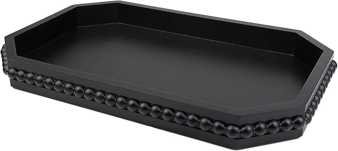 Hrastany Wood Rustic Serving Tray with Beads, Farmhouse Black Decorative Tray for Table Centerpiece, Christmas Wedding Halloween Home Decor