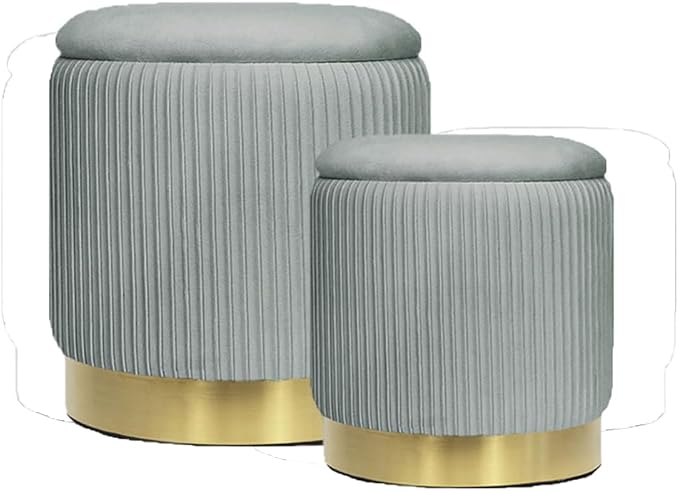 YYW HOME Round Ottoman Storage Set of 2 Velvet Ottoman for Living Room Small Foot Stool Small Coffee Table Vanity Stool with Storage for Bedroom Bedroom (Light Gray)