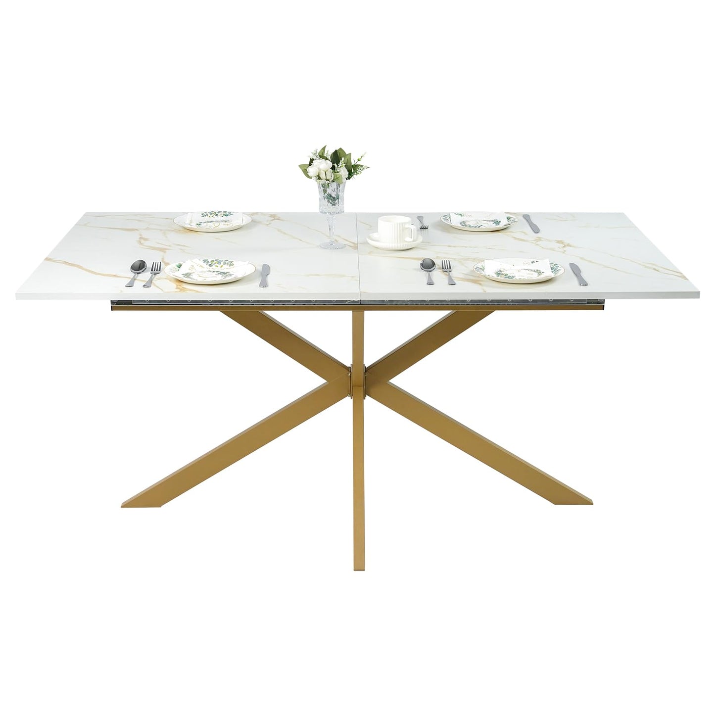 63"-79" Extendable Dining Table for 6-10 People, Modern Rectangle Extendable Kitchen Table with Gold Faux Marble Tabletop and Gold Metal Cross Legs for Restaurant/Dining Room/Kitchen/Living Room