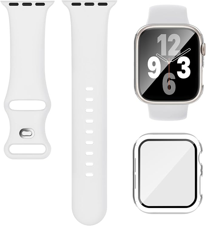 Compatible for Apple Watch Band 44mm 45mm and Case with Screen Protector, Soft Silicone Sport Strap Bands and Protective Cover with Tempered Glass for iWatch Series 9 8 7 SE 6 5 4