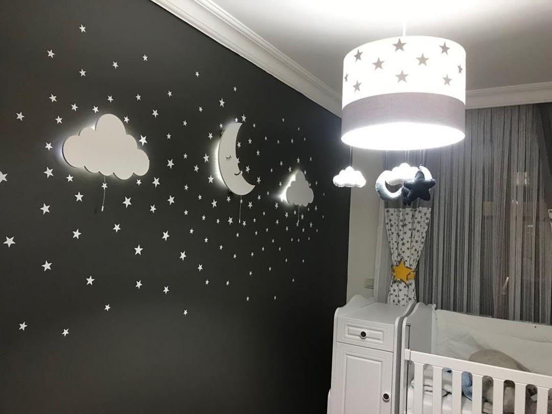2X Cloud+1 Moon Wall Light, + Silver Star Stickers, Nursery Room Decor Wall Light Set of 3 Wooden Wall Light with LED, 100pcs Silver Star Wall Decals Gift!