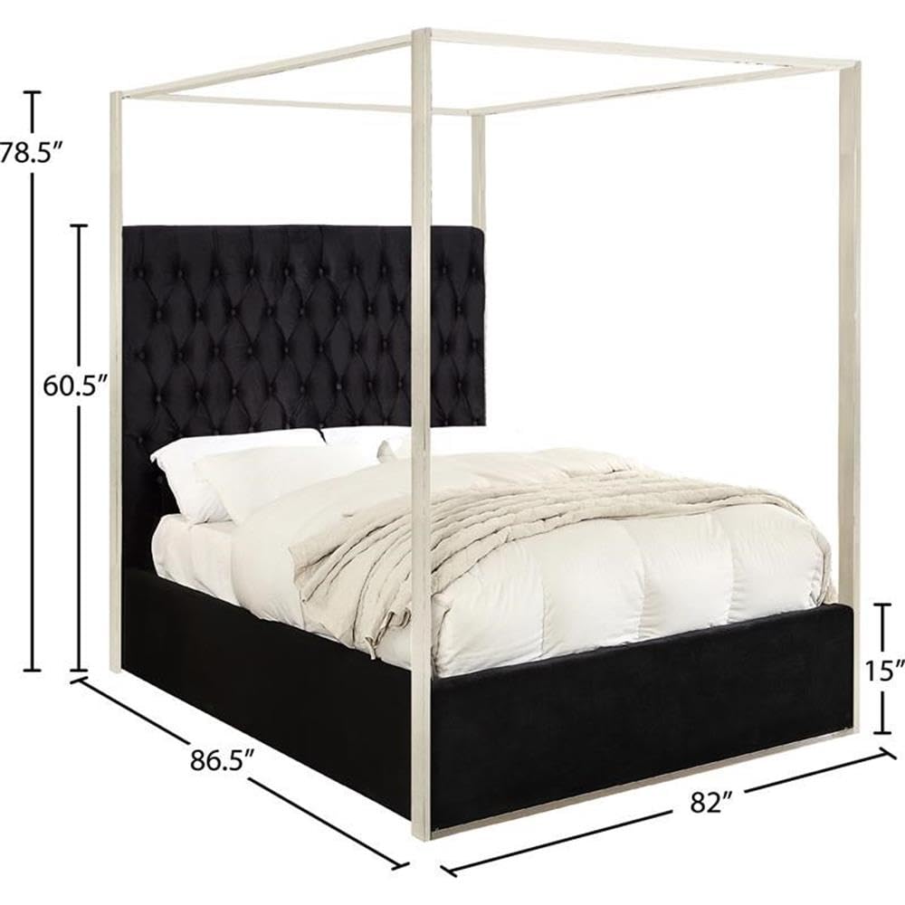 Meridian Furniture Porter Collection Modern | Contemporary Velvet Upholstered Bed with Deep Detailed Tufting and Chrome Canopy, Black, King