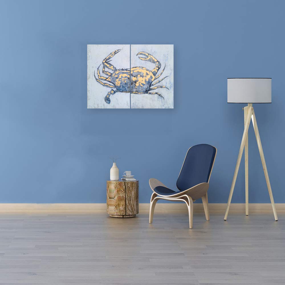 Yihui Arts Blue and Gold Foil Crab Diptych Wall Art - Nautical & Retro Art Decor for Home