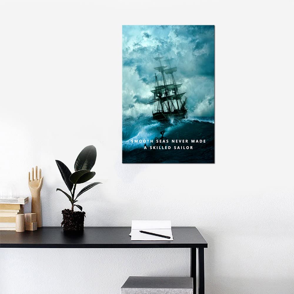 Motivational Canvas Art Office Decor Wall Art Lessons of Life Inspirational Quote Smooth Sea Never Made A Skilled Sailor Inspiring Poster Print for Home Framed Art Ready to Hang [12''W x 18''H]
