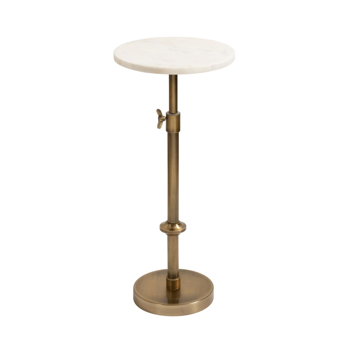 Kate and Laurel Engles Traditional Adjustable-Height Pedestal Drink Table; 10 x 10 x 30; White Marble and Antique Brass; Vintage Round Indoor Metal Plant Stand with Authentic Marble Tabletop