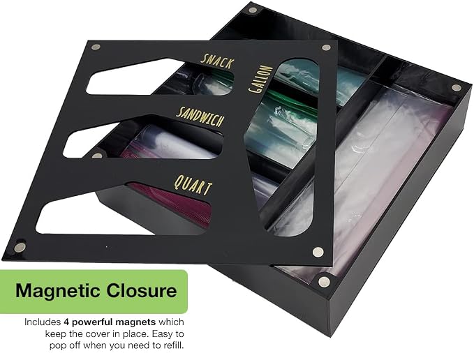 OnDisplay Luxe Acrylic Kitchen Drawer Zip Food Storage Bag Organizer - Food Baggie Holder for Snack/Sandwich/Quart/Gallon Sizes - Compatible with Ziploc, Hefty & Glad (Black)