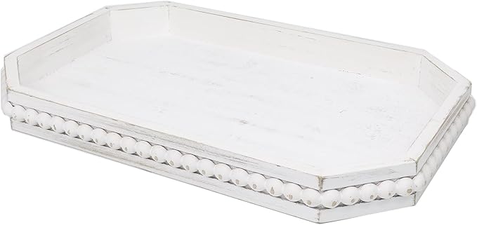 Hrastany Whitewashed Wood Serving Tray with Beads, Farmhouse Decorative Tray for Table Centerpiece, Christmas Wedding Halloween Home Decor