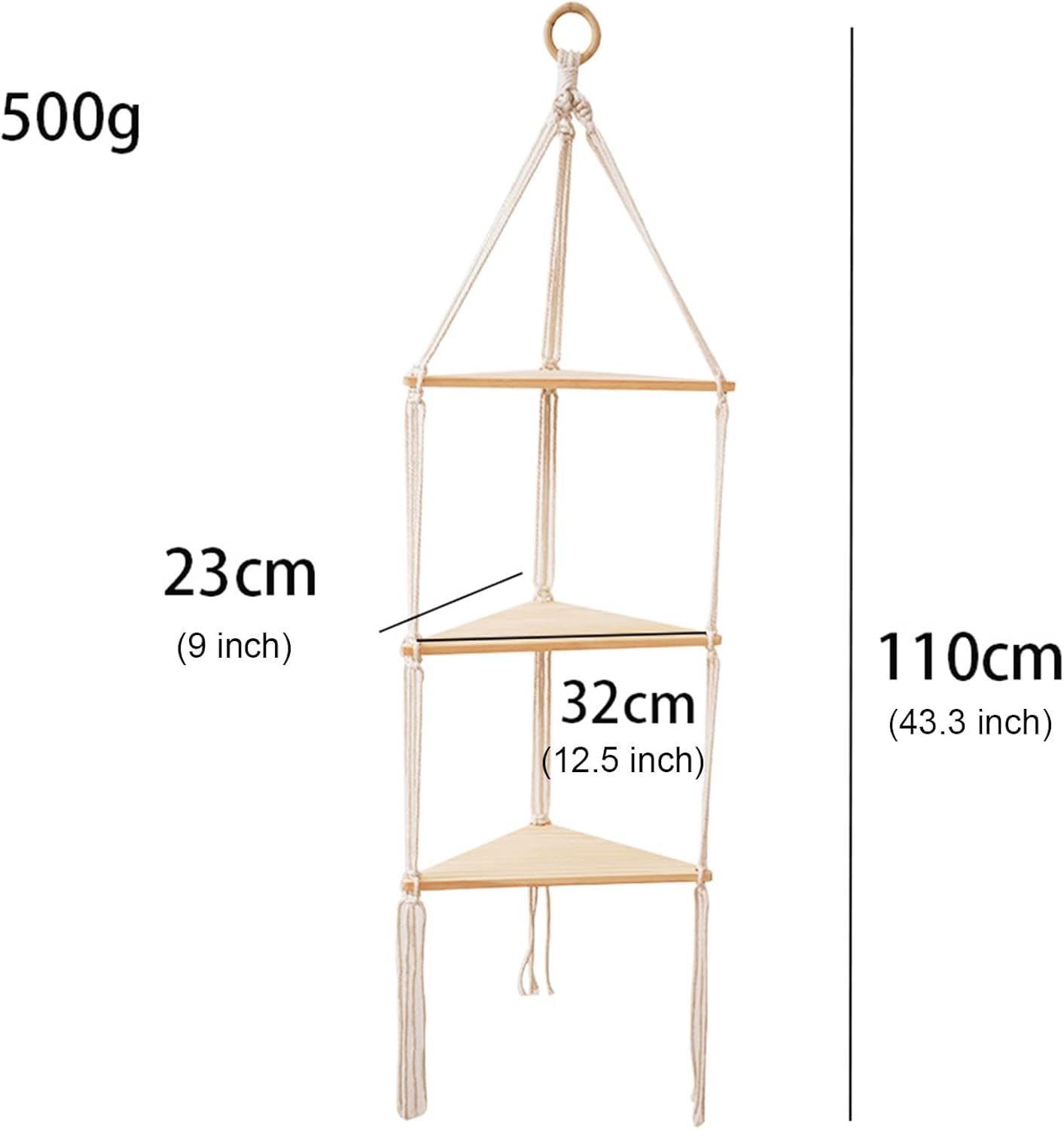 WKHOKI Hanging Shelf with Natural Wood, 3-Tier Rope Shelf | Handmade Boho Wall Decor for Floating Display, Ideal for Plants, Photos & Storage in Bathroom, Bedroom, Living Room & Nursery