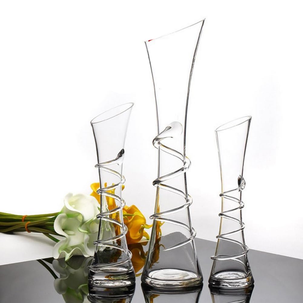 VANTOBEST Hand-Made Blown Art Bud Glass Vase, Clear Glass, Oblong Shape, Modern Style, Thread Pattern, Stemless, Perfect for Home Decorations