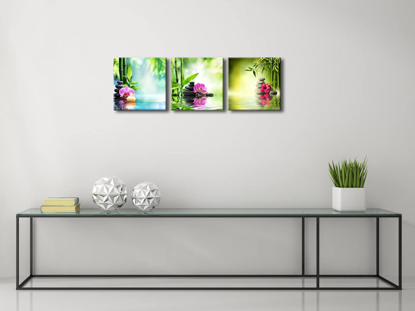 Pyradecor 3 Pieces Spa Zen Stone Canvas Wall Art Modern Romance Green Bamboo Pink Flowers Paintings Pictures for Living Room Bedroom Home Office Decoration