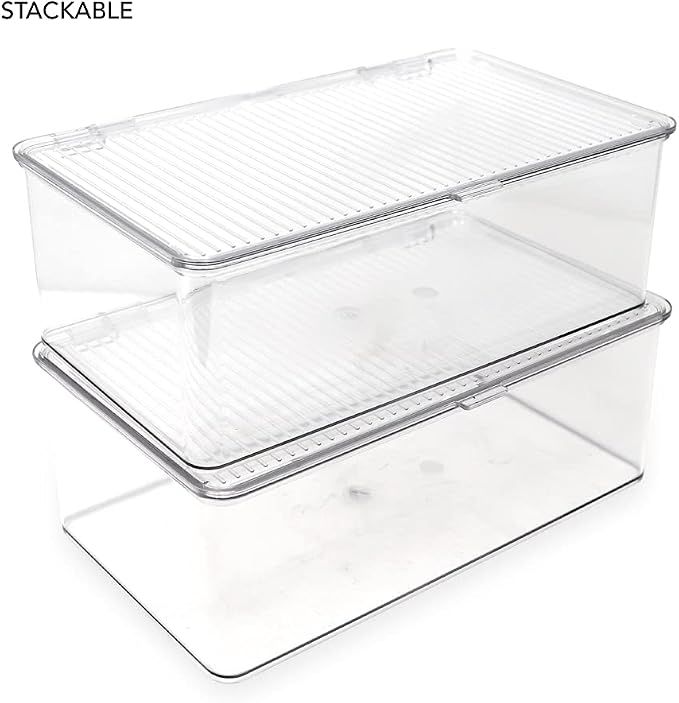 Isaac Jacobs Medium Stackable Organizer Bin (10.75”x6.5”x3.7”) w/ Hinged Lid, Clear Storage Box, Home, Office, School, Fridge, Bathroom, Kitchen, Pantry Container, BPA-Free, Food Safe (Medium, Clear)
